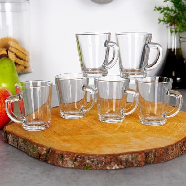 Sett med 6 små glass med håndtak for espresso, tykt glass