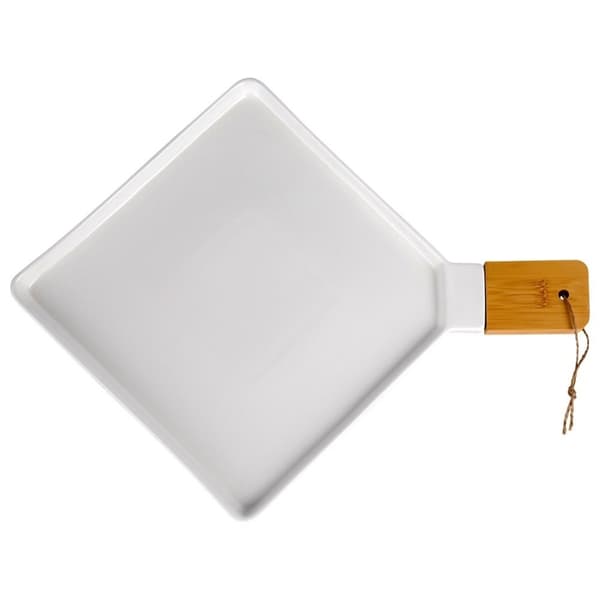 Elegant serveringsfad i porcelæn og bambus med hank