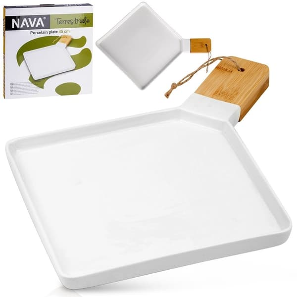 Elegant serveringsfad i porcelæn og bambus med hank