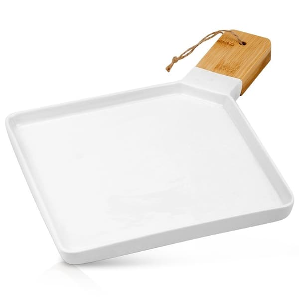 Elegant serveringsfat i porslin och bambu med handtag