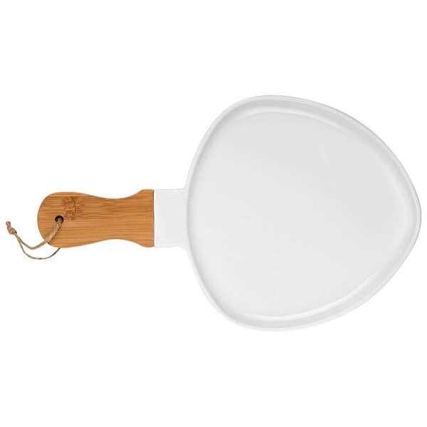 Serveringsfat i porselen og bambus med håndtak til snacks