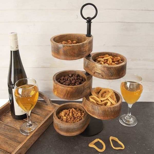 Tvåvånings serveringsfat med skålar i mangoträ för snacks