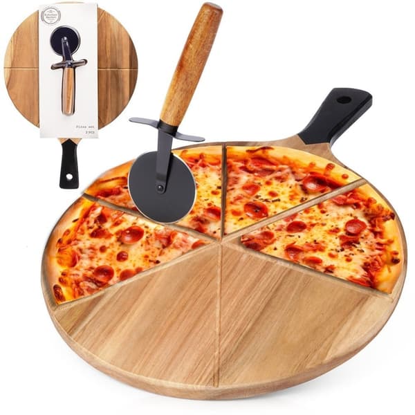 Træskærebræt til pizza med stålkniv og skærerille