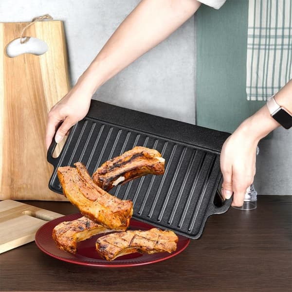 Dubbelgrillplatta i gjutjärn för ugn, grill och spis