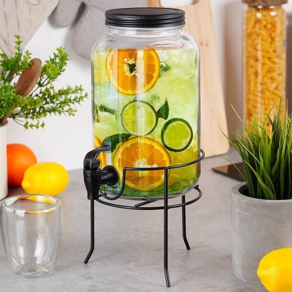 Lemonadekrukke med lokk, kran og stativ - beskytter mot insekter