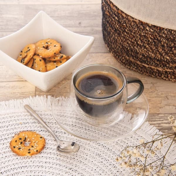 Sett med to dobbeltveggede kopper og underfat, 90 ml for espresso