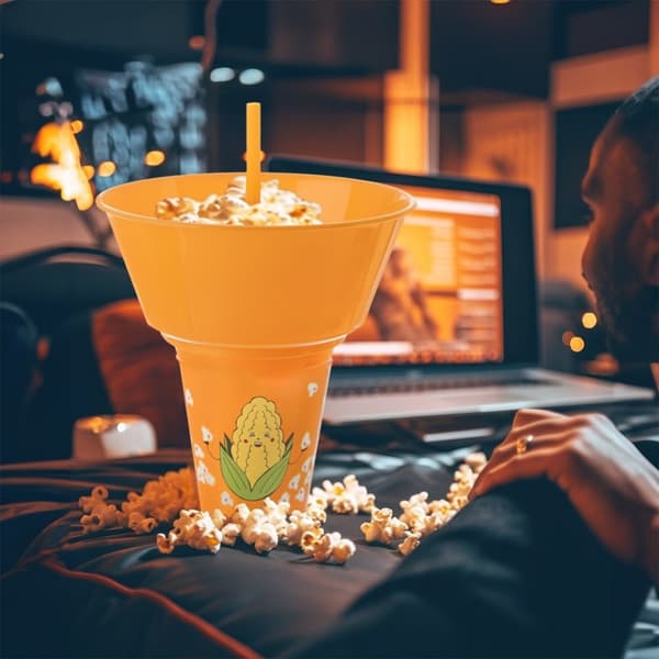 Praktisk krus med popcornskål til filmaftener