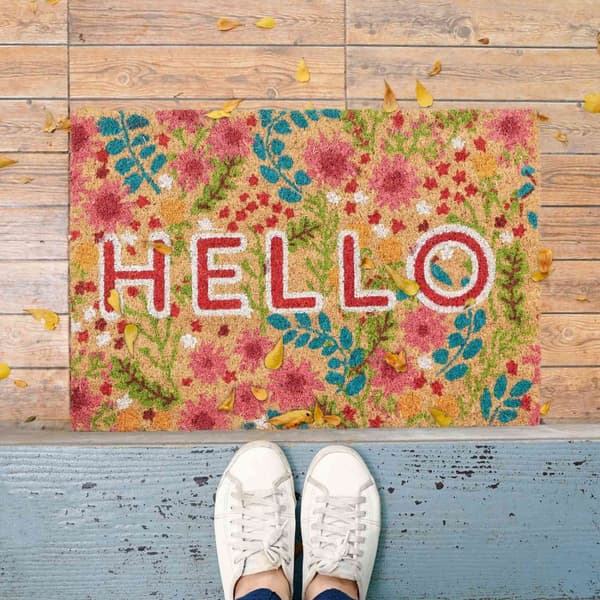 Dørmatte kokosfiber "Hello" med blomster
