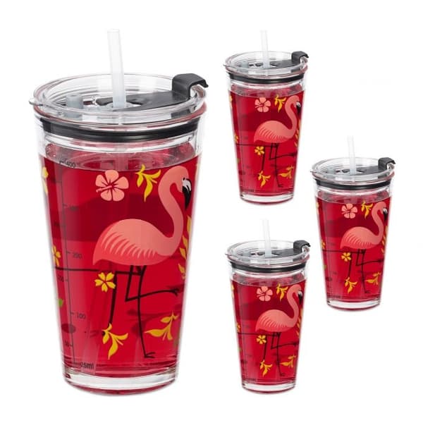 set med 4 dricksglas med flamingomotiv