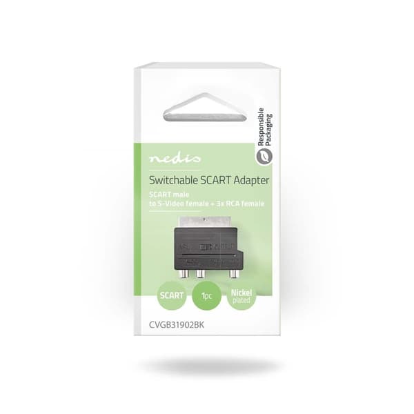 SCART-adapter | SCART Hann | S-Video Female / 3x RCA Hunn | Nikkel belagt | Kan Veksles | ABS | Sort | 1 stk. | Boks