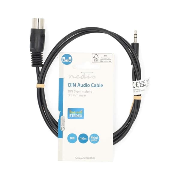 DIN Audio kabel | DIN 5-Pin Han | 3.5 mm Hanstik | Nikkelplateret | 1.00 m | Runde | PVC | Sort | Label