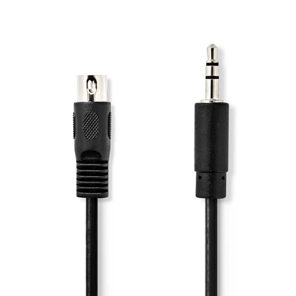 DIN Audio kabel | DIN 5-Pin Han | 3.5 mm Hanstik | Nikkelplateret | 1.00 m | Runde | PVC | Sort | Label