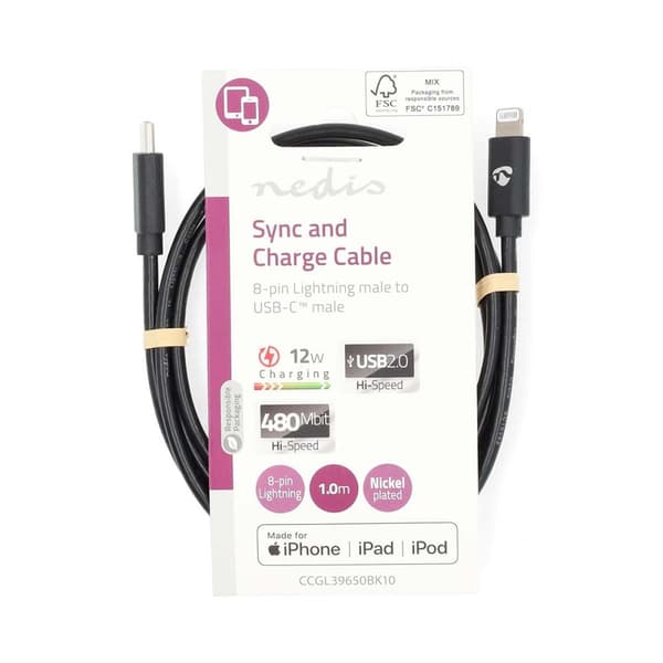 Lightning Kabel | USB 2.0 | Apple Lightning 8-pin | USB-C™ Han | 480 Mbps | Nikkelplateret | 1.00 m | Runde | PVC | Sort | Label
