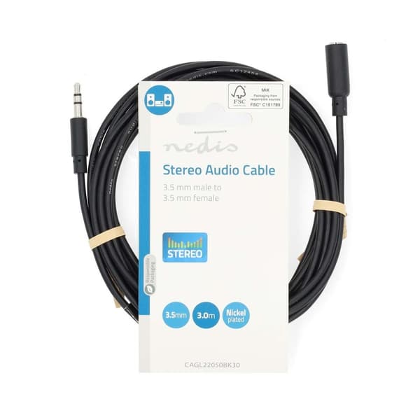 Stereo Audio kabel | 3.5 mm Hanstik | 3.5 mm Hunstik | Nikkelplateret | 3.00 m | Runde | Sort | Label