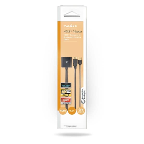 HDMI™ Adapter | HDMI ™ -kontakt | DisplayPort Han / USB-A Han | Gull belagt | Rett | PVC | Sort | 1 stk. | Boks