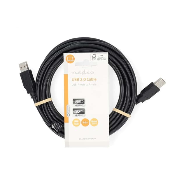 USB-kabel | USB 2.0 | USB-A Hane | USB-A Hane | 480 Mbps | Nickelplaterad | 5.00 m | Rund | PVC | Svart | Label