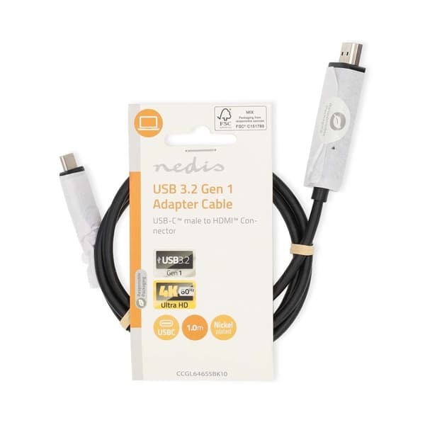 USB-C™ Adapter | USB 3.2 Gen 1 | USB-C™ Han | HDMI™ Stik | 4K@60Hz | 1.00 m | Runde | Nikkelplateret | PVC | Sort | Label