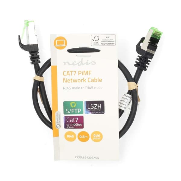 CAT7 nätverkskabel | S/FTP | RJ45 hane | RJ45 hane | 0.50 m | Snagless | Rund | LSZH | Svart | Label