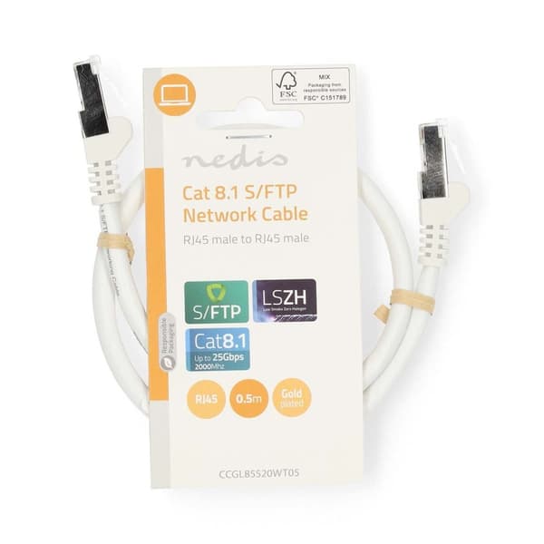 Cat 8.1 verkkokaapeli | S/FTP | RJ45 uros | RJ45 uros | 0.50 m | Pyöreä | LSZH | Valkoinen | Label