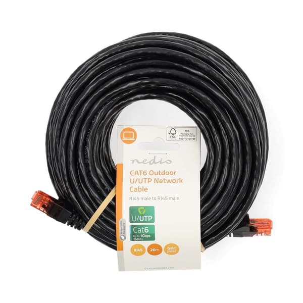 CAT6 Verkkokaapeli | RJ45 uros | RJ45 uros | U/UTP | 20.0 m | Ulkokäyttöön | Pyöreä | PE | Musta | Label