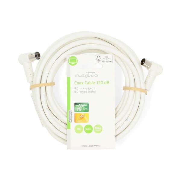 Koaxialkabel | IEC (Koax) Hane | IEC (Koax) Hona | Nickelplaterad | 120 dB | 75 Ohm | Fyra skydd | 5.00 m | Rund | PVC | Vit | Label