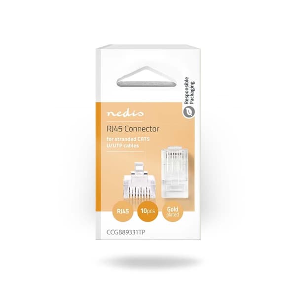 RJ45-kontakt | RJ45 Pass Through | Strandet STP CAT5 | Rett | Gull belagt | 10 stk. | PVC | Gjennomsiktig | Boks