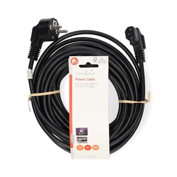 Strömkabel | Strömkontakt Hane | IEC-320-C13 | Vinklat | Vinklat | Nickelplaterad | 10.0 m | Rund | PVC | Svart | Label