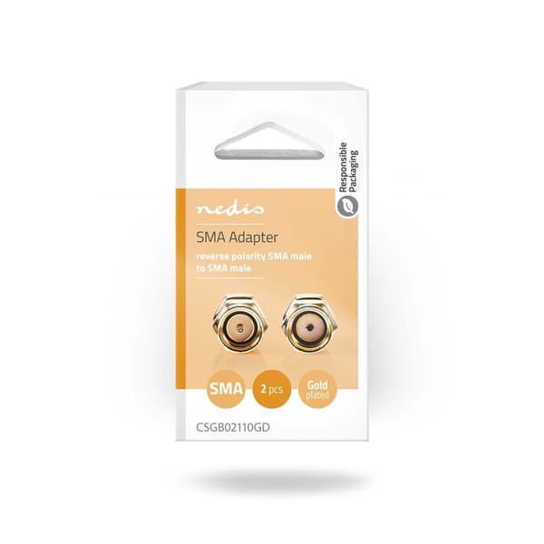SMA adapter | SMA Han omvendt polaritet | SMA Han | Gull belagt | 50 Ohm | Rett | Kobber | Gull | 2 stk. | Boks