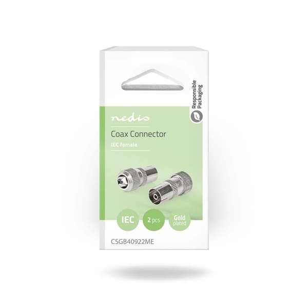 IEC (Coax) Stik | Lige | Hun | Nikkelplateret | 75 Ohm | Skru | Kabeldiameter: 7.0 mm | Metal | Sølv | 2 stk. | Box