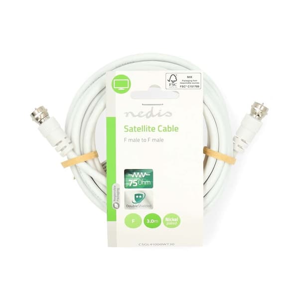 Satellit & Antennekabel | F Han Quick | F Han Quick | Nikkelplateret | 75 Ohm | Dobbelt afskærmet | 3.00 m | Runde | PVC | Hvid | Label