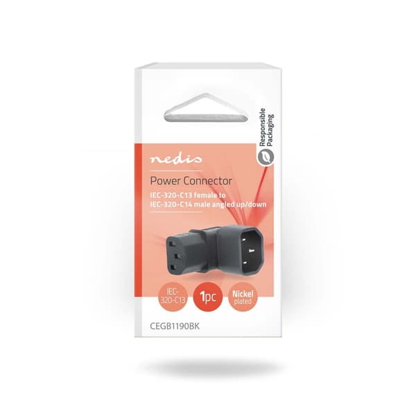Laajennus Plug | IEC-320-C13 | IEC-320-C14 | Kulma, 90 ° | Niklattu | PVC | Musta | Laatikko | 1 kpl