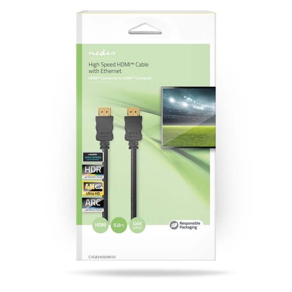 High Speed ​​HDMI ™ kabel med Ethernet | HDMI™ Kontakt | HDMI™ Kontakt | 4K@60Hz | ARC | 18 Gbps | 5.00 m | Rund | PVC | Svart | Låda
