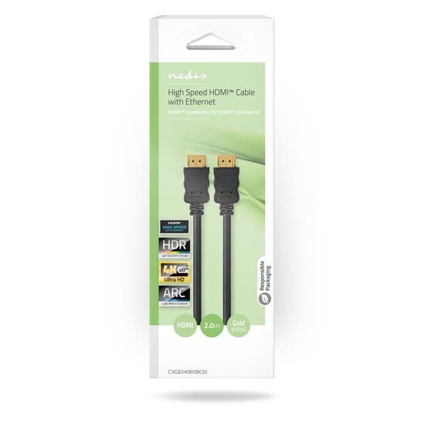 High Speed HDMI ™ kabel med Ethernet | HDMI™ Kontakt | HDMI™ Kontakt | 4K@60Hz | ARC | 18 Gbps | 2.00 m | Rund | PVC | Svart | Låda