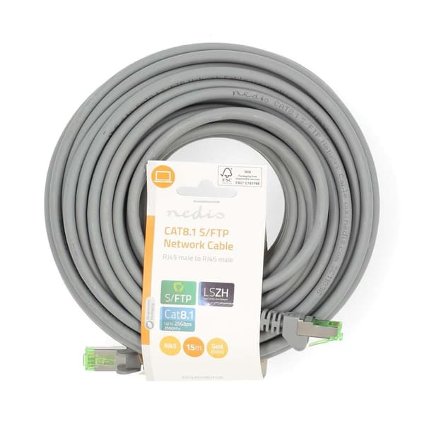 Cat 8.1 nätverkskabel | S/FTP | RJ45 hane | RJ45 hane | 15.0 m | Rund | LSZH | Grå | Label