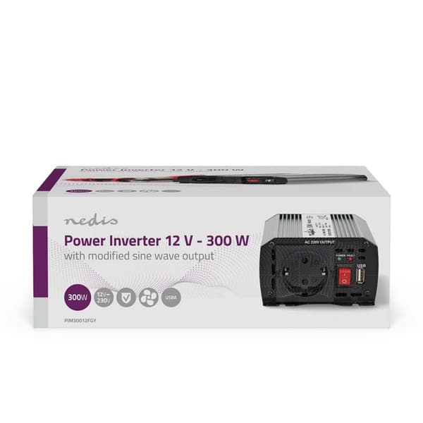 Power Inverter Modifisert sinusbølge | Inngangsspenning: 12 V DC | Enhetens strømuttak: Type F (CEE 7/3) / USB-A | 230 V AC 50 Hz | 300 W | Topp effek