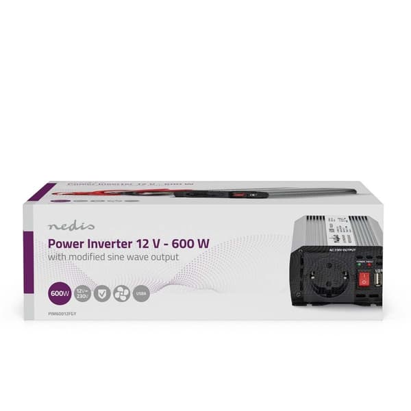 Invertteri Muunnettu Siniaalto | Tulojännite: 12 V DC | Laitteen lähtövirran liittimet: Type F (CEE 7/3) / USB-A | 230 V AC 50 Hz | 600 W | Lähtöliitä