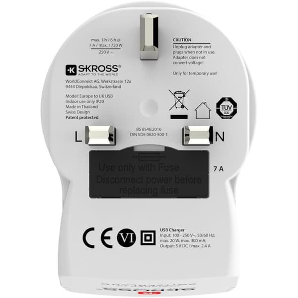 Reiseadapter Europa til Storbritannia etc. 2xUSB-A 12W jordet