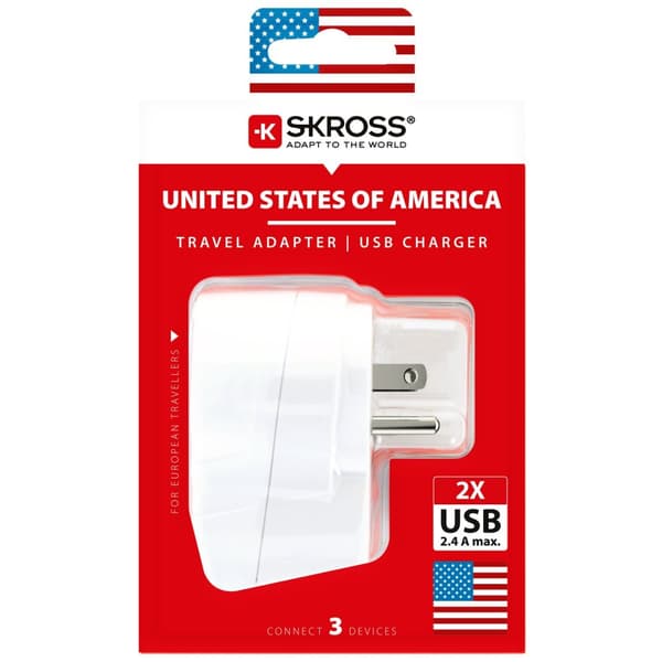 Rejseadapter Europa til USA etc. 2xUSB-A 12W Jordet