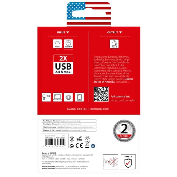 Rejseadapter Europa til USA etc. 2xUSB-A 12W Jordet