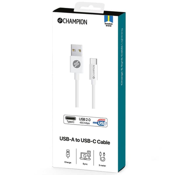 USB-A til USB-C-kabel 3m Hvit