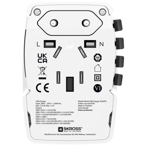 Verdens reiselader AC65PD World USB-A+USB-C PD 65W Jordet