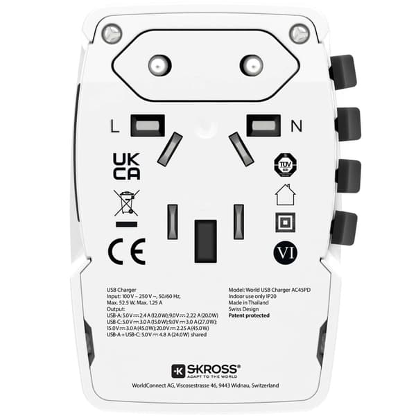 Maailman matkasovitin PRO Light USB AC45PD World PD 45W Maadoitettu
