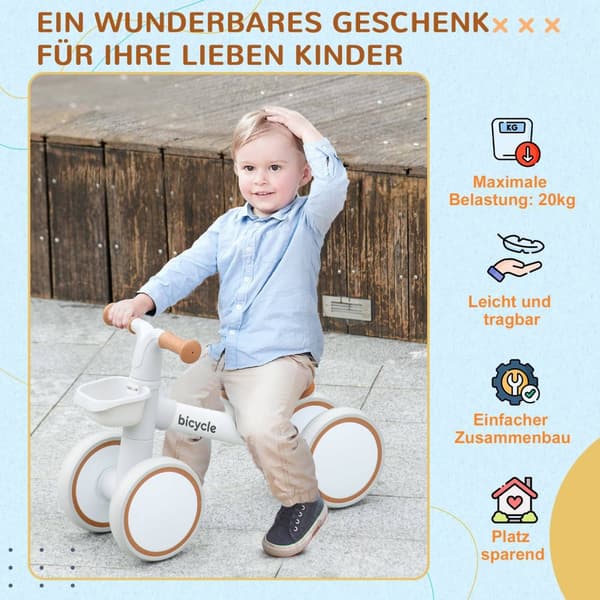 Balansesykkel for barn Balansesykkel fra 1 år Babysklisykkel med TPU-hjul Ingen skruer Gaver til gutter/jenter Småbarnsleke Brun + Hvit 56 x 27 x 39 c