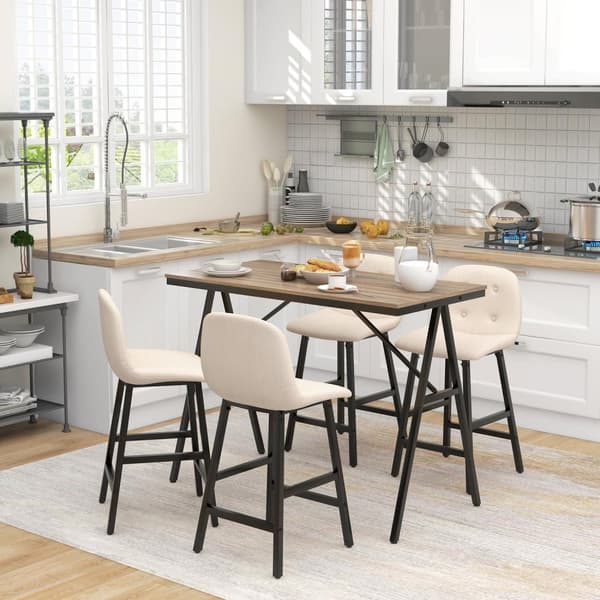 Barbord med barstolsset, 5-delat matset, köksbord, bistrobord med 4 stolar, barbordsset för kök, vardagsrum, stål, beige, 120 x 60 x 91 cm