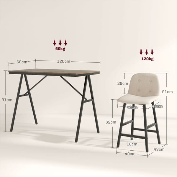 Barbord med barstolsset, 5-delat matset, köksbord, bistrobord med 4 stolar, barbordsset för kök, vardagsrum, stål, beige, 120 x 60 x 91 cm