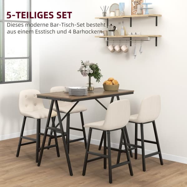 Barbord med barstolsset, 5-delat matset, köksbord, bistrobord med 4 stolar, barbordsset för kök, vardagsrum, stål, beige, 120 x 60 x 91 cm
