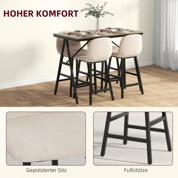 Barbord med barstolsset, 5-delat matset, köksbord, bistrobord med 4 stolar, barbordsset för kök, vardagsrum, stål, beige, 120 x 60 x 91 cm