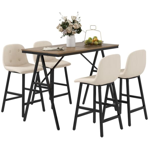 Barbord med barstolsset, 5-delat matset, köksbord, bistrobord med 4 stolar, barbordsset för kök, vardagsrum, stål, beige, 120 x 60 x 91 cm
