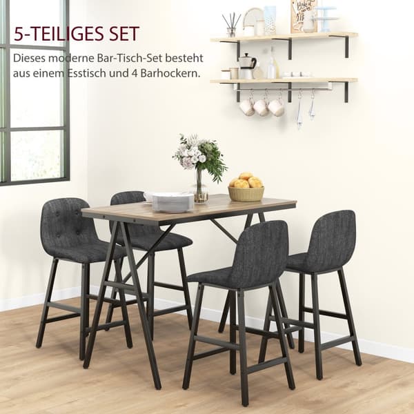 Barbord med barstolsset, 5-delad matgrupp, köksbord, bistrobord med 4 stolar, barbordsset för kök, vardagsrum, stål, mörkgrå, 120 x 60 x 91 cm