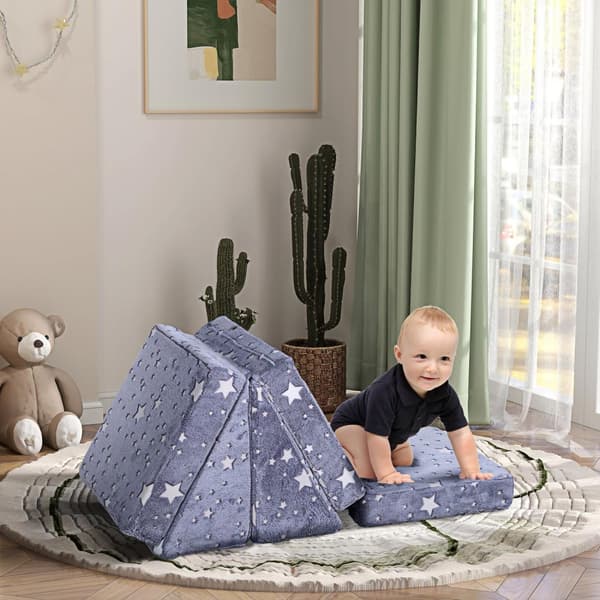 Lekesofa for barn Barnesofa av skum med liggefunksjon, 5 stk. Barnesofa i mørke, glødende fløyelslook, for 2-3 barn, grå